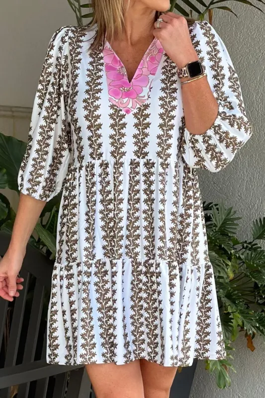 Printed Notched 3/4 Sleeve Mini Dress sold by Charming Charlie