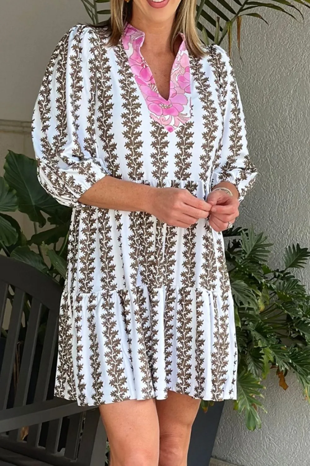 Printed Notched 3/4 Sleeve Mini Dress sold by Charming Charlie product image thumbnail 5