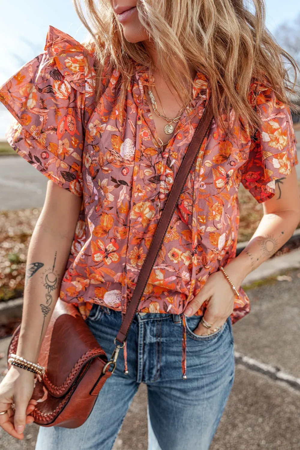 Floral Ruffled Layered Short Sleeve Tie Neck Blouse sold by Charming Charlie product image thumbnail 4