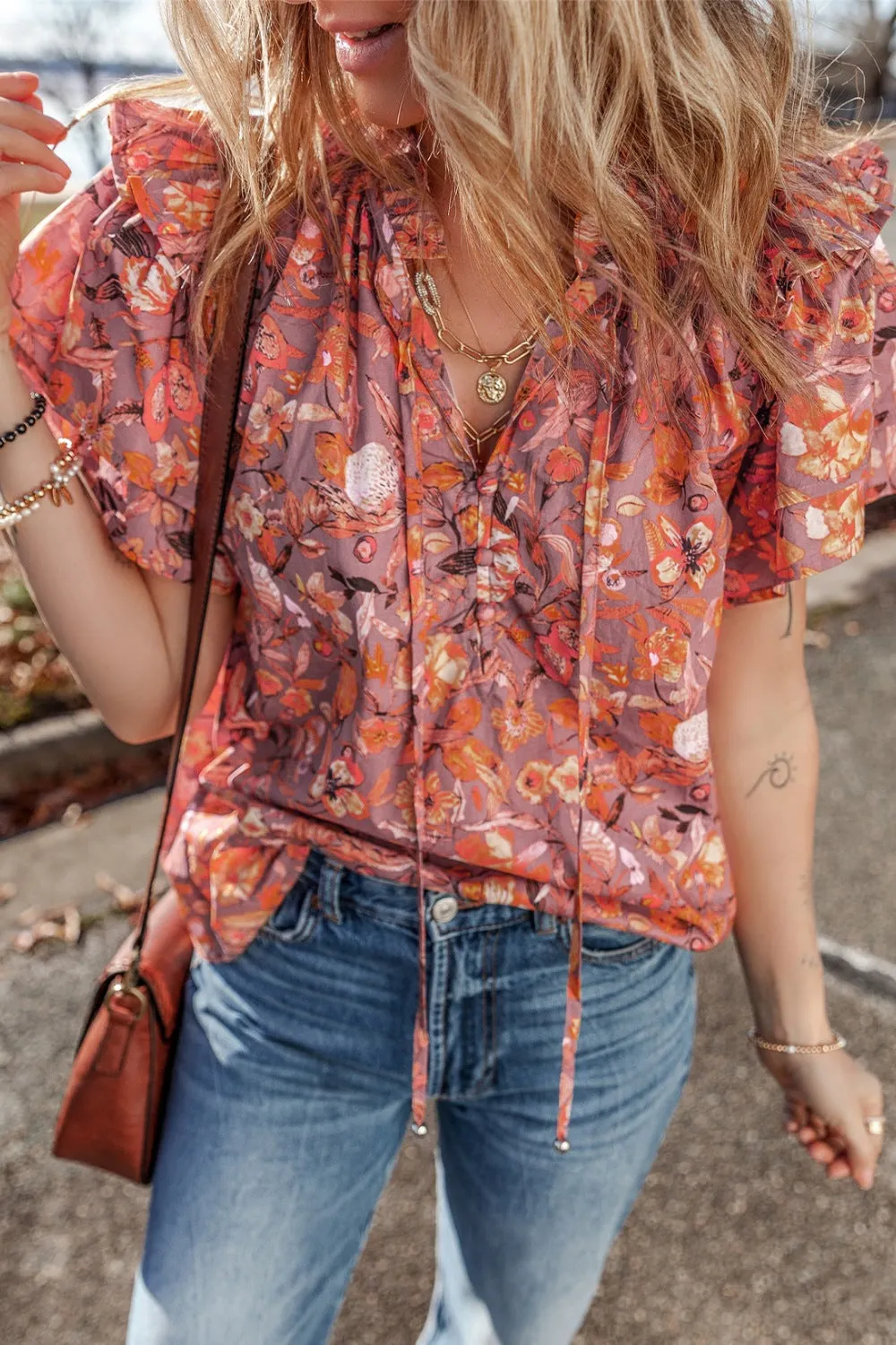 Floral Ruffled Layered Short Sleeve Tie Neck Blouse sold by Charming Charlie product image thumbnail 3