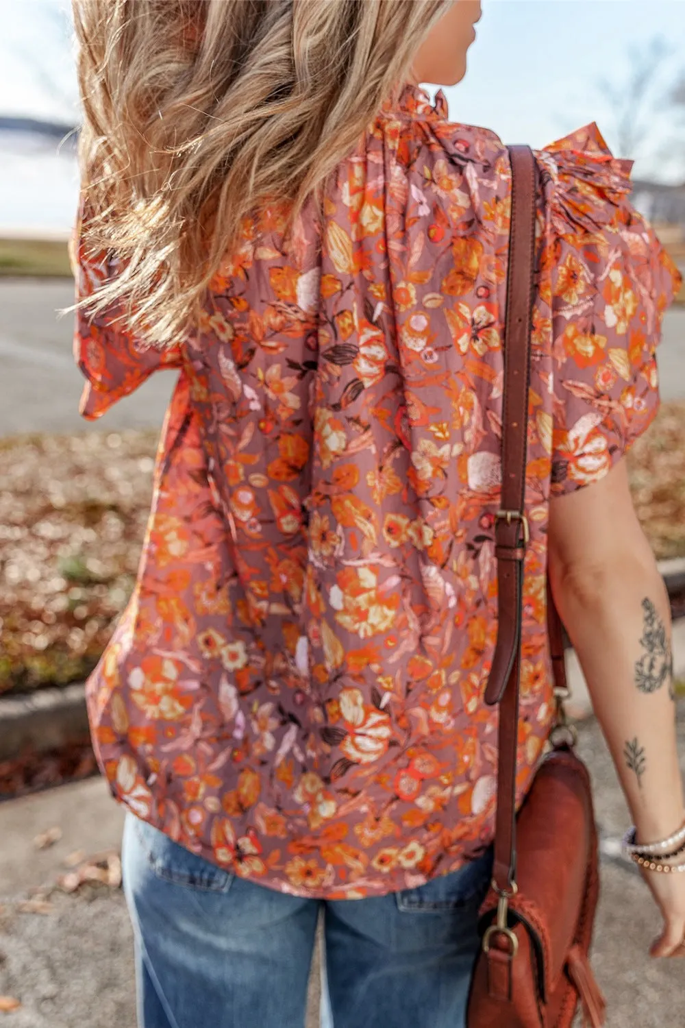 Floral Ruffled Layered Short Sleeve Tie Neck Blouse sold by Charming Charlie product image thumbnail 2