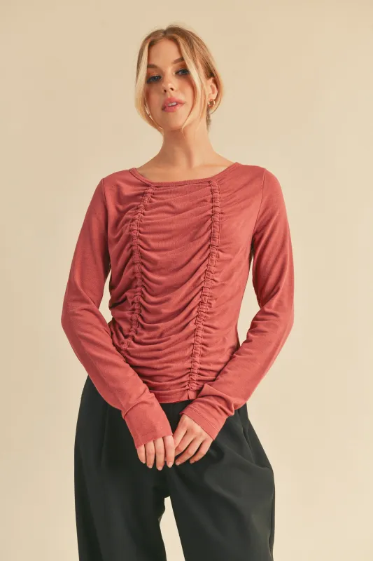 Aemi+Co Ruched Front Round Neck Long Sleeve T-Shirt sold by Charming Charlie