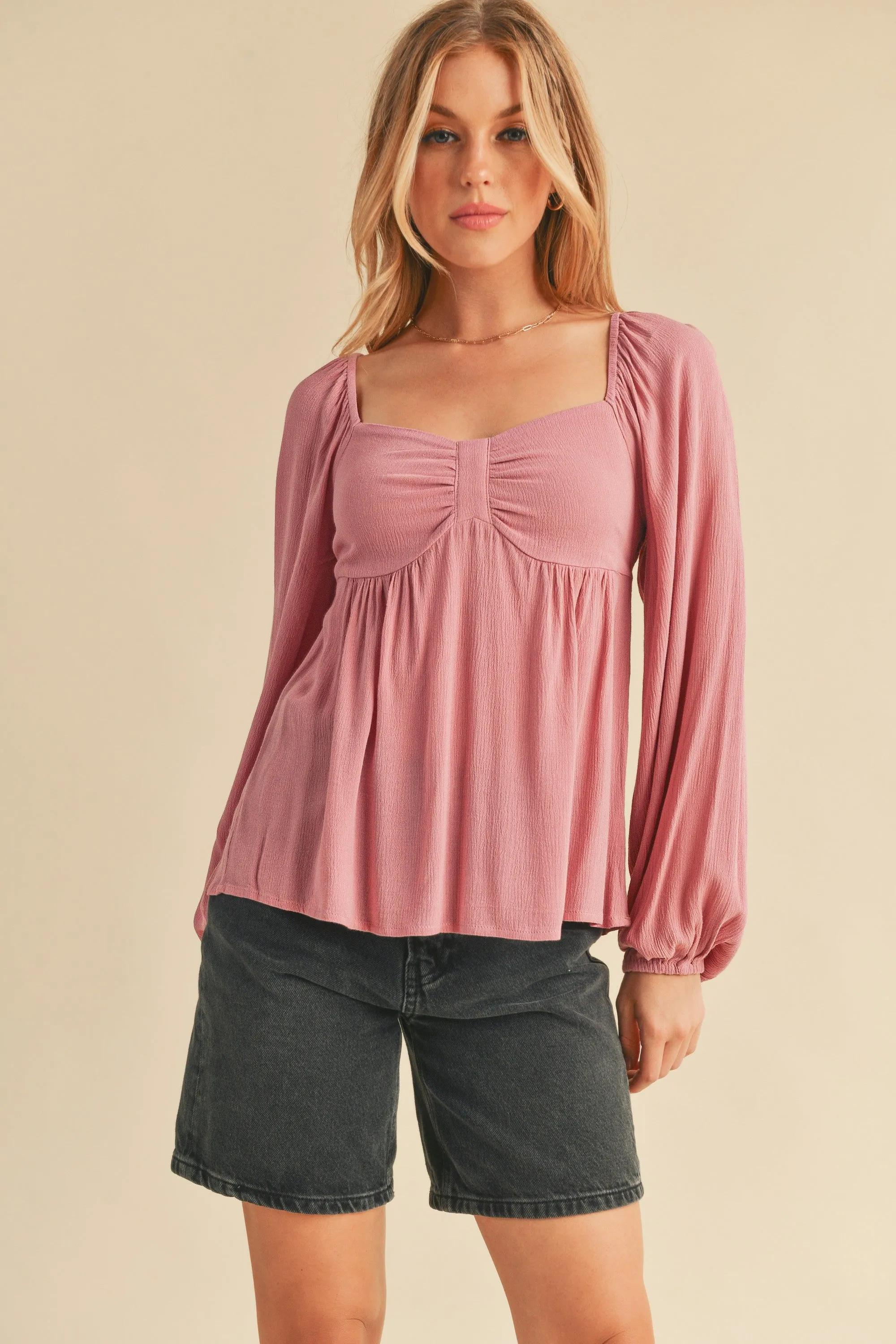 Aemi + Co Ruched Sweetheart Neck Balloon Sleeve Blouse sold by Charming Charlie