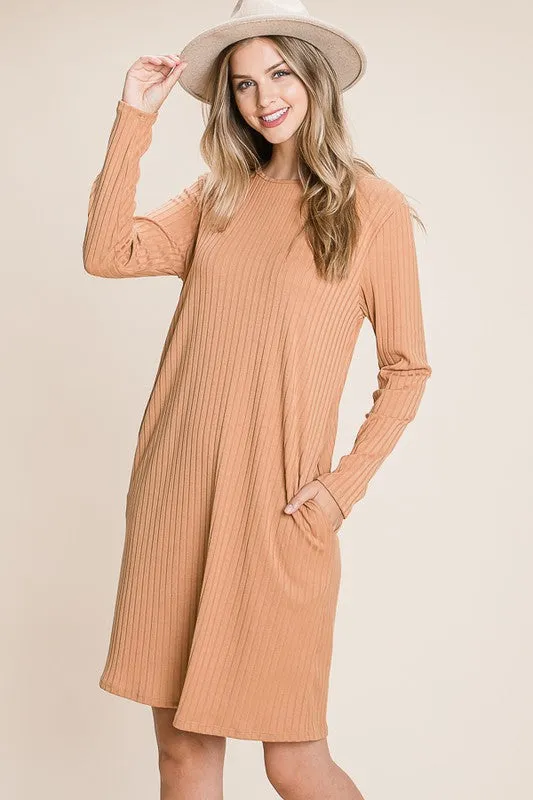 BOMBOM Round Neck Long Sleeve Ribbed Knit Dress sold by Charming Charlie