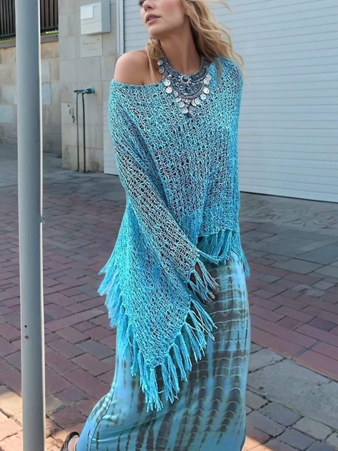 Tassel Boat Neck Knit Shawl sold by Charming Charlie