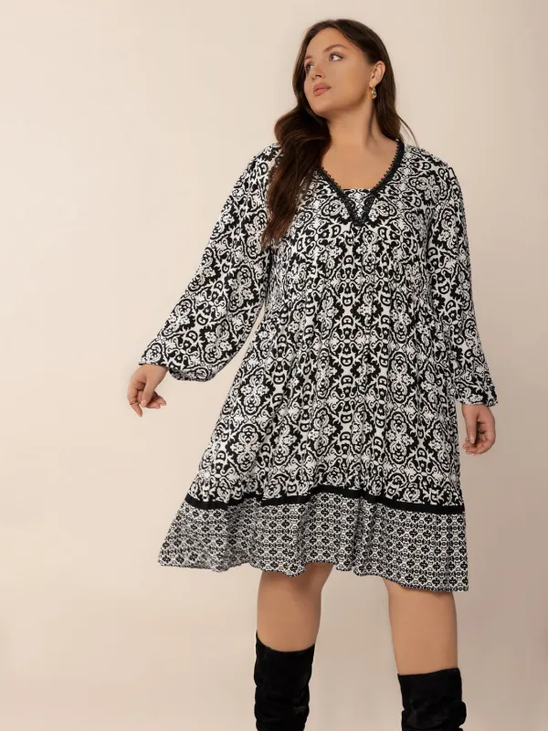 Plus Size Lace Detail Printed Balloon Sleeve Dress sold by Charming Charlie