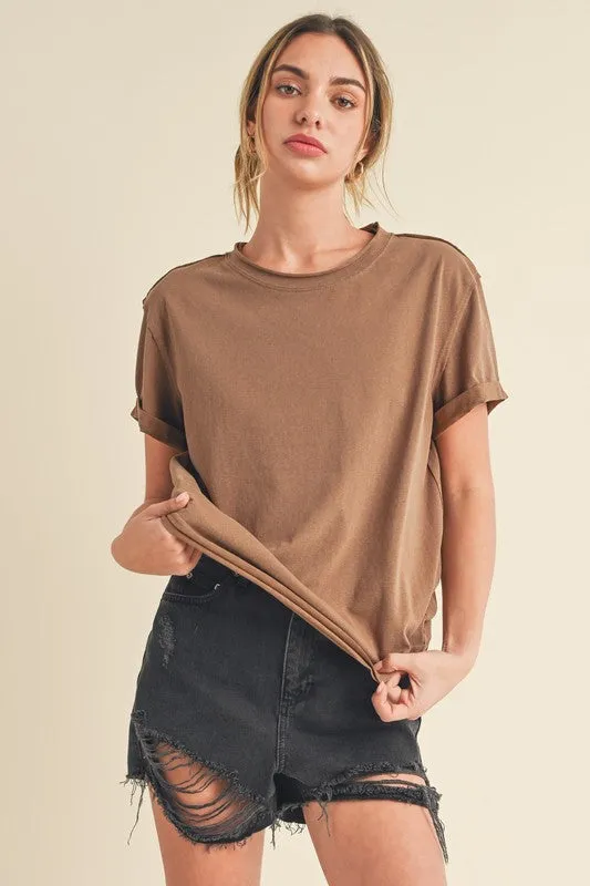 Aemi + Co Exposed Seam Round Neck Short Sleeve T-Shirt sold by Charming Charlie