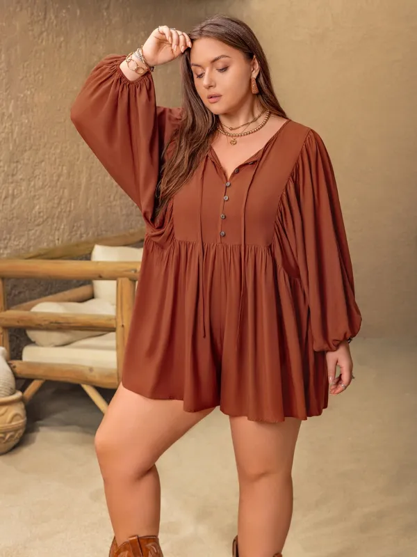 Plus Size Ruched Tie Neck Balloon Sleeve Romper sold by Charming Charlie