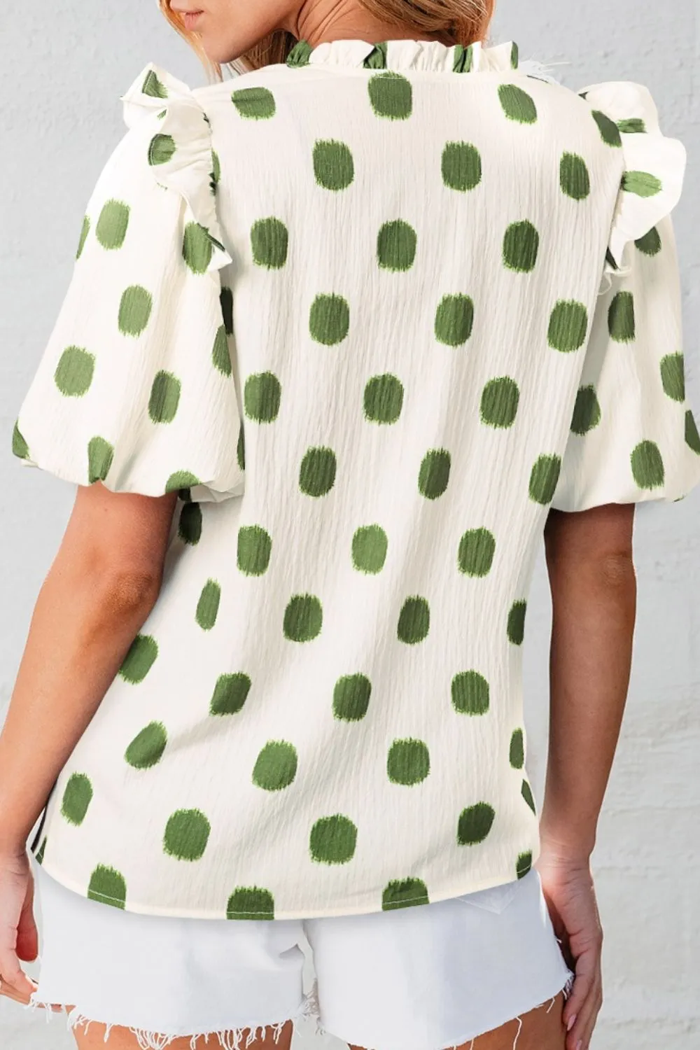 Polka Dot Shirred Yoke Notched Neck Puff Sleeve Blouse sold by Charming Charlie product image thumbnail 2