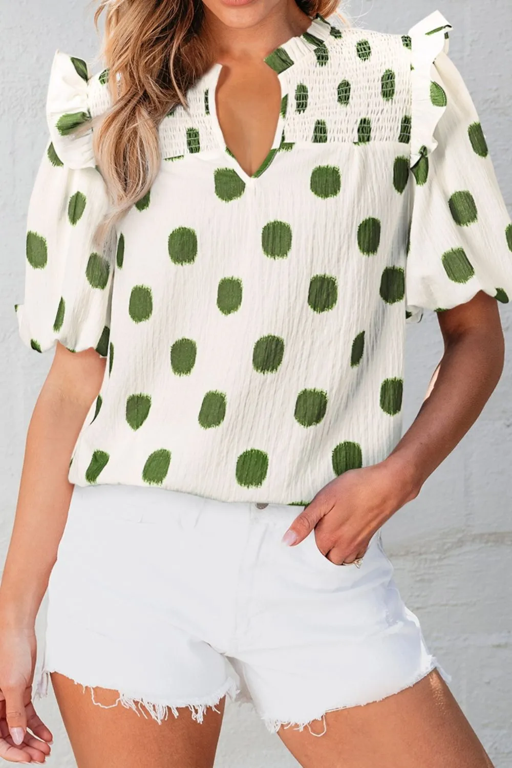 Polka Dot Shirred Yoke Notched Neck Puff Sleeve Blouse sold by Charming Charlie