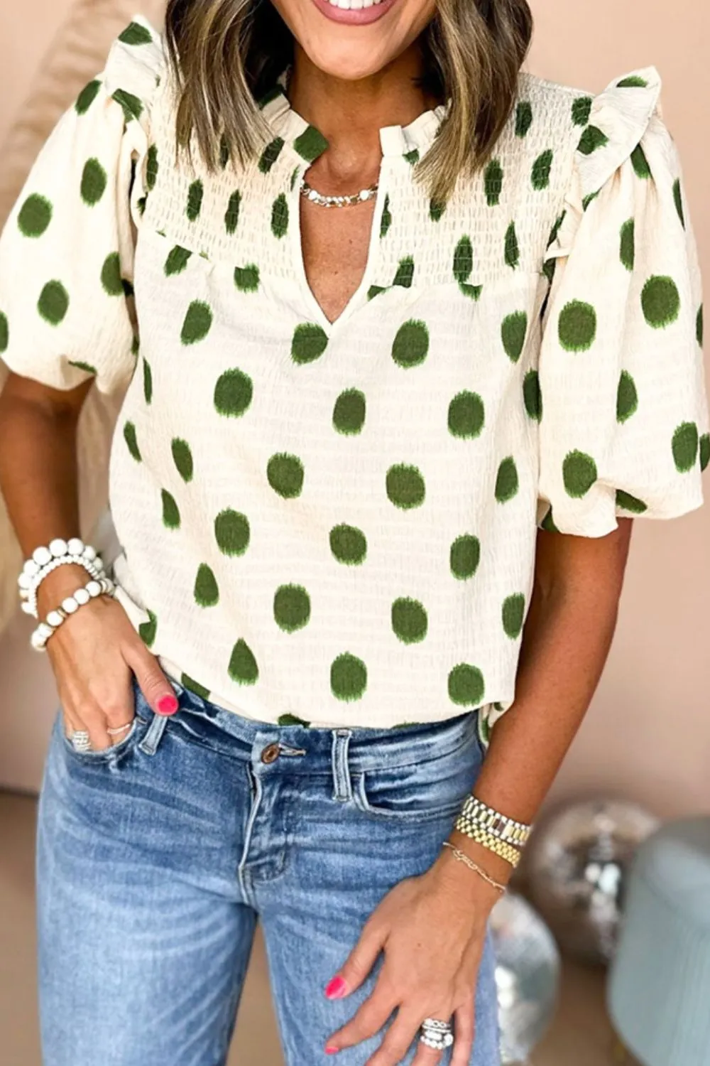 Polka Dot Shirred Yoke Notched Neck Puff Sleeve Blouse sold by Charming Charlie product image thumbnail 4