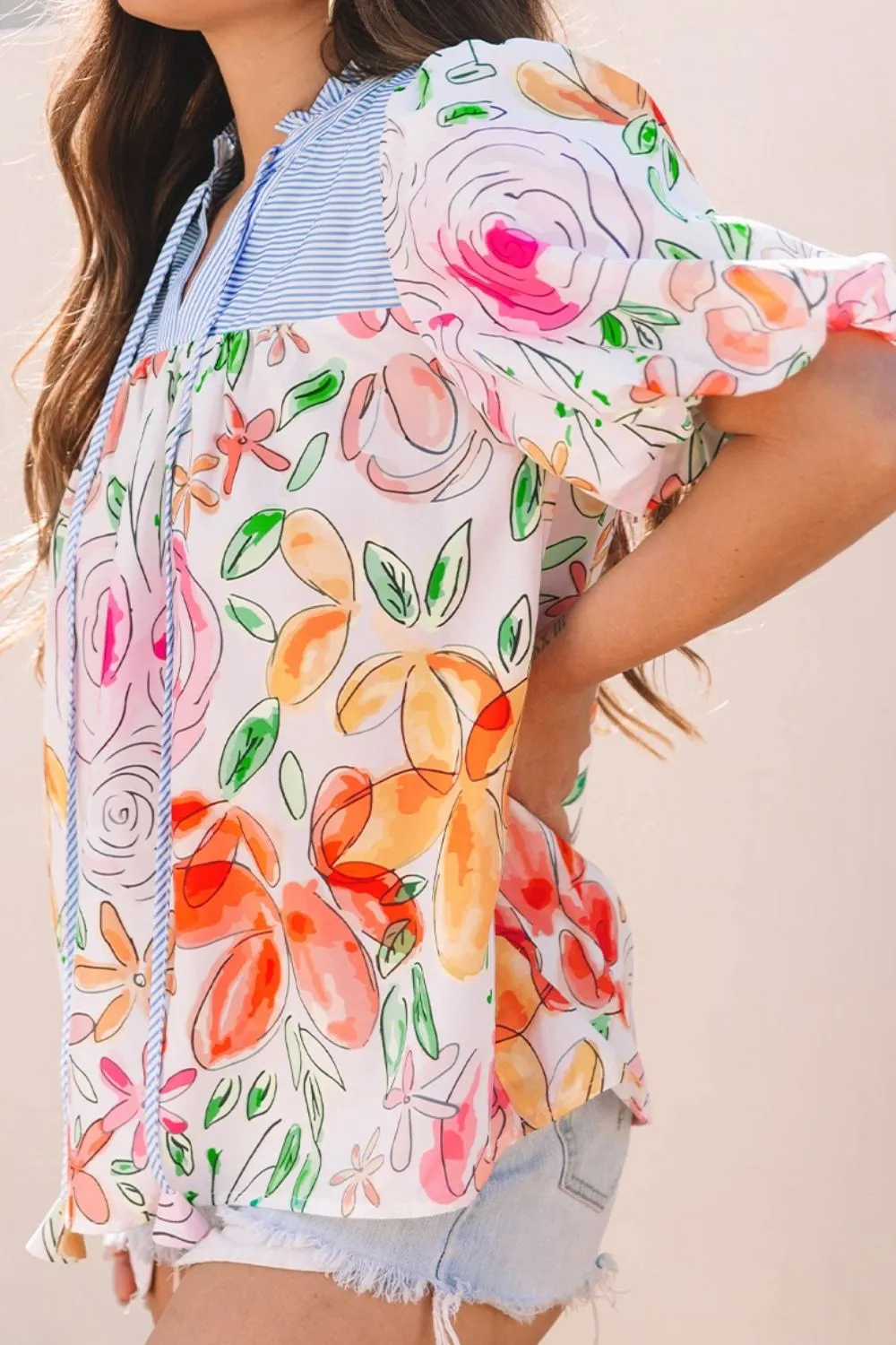 Floral Striped Yoke Frilled Tie Neck Puff Short Sleeve Blouse sold by Charming Charlie product image thumbnail 3