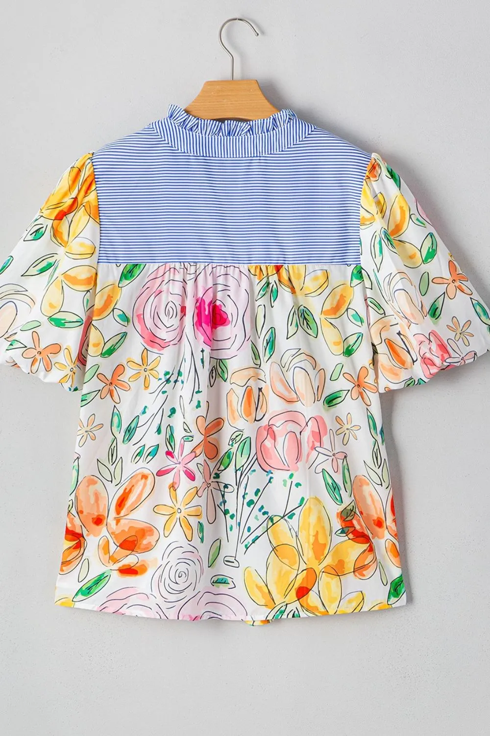 Floral Striped Yoke Frilled Tie Neck Puff Short Sleeve Blouse sold by Charming Charlie product image thumbnail 5