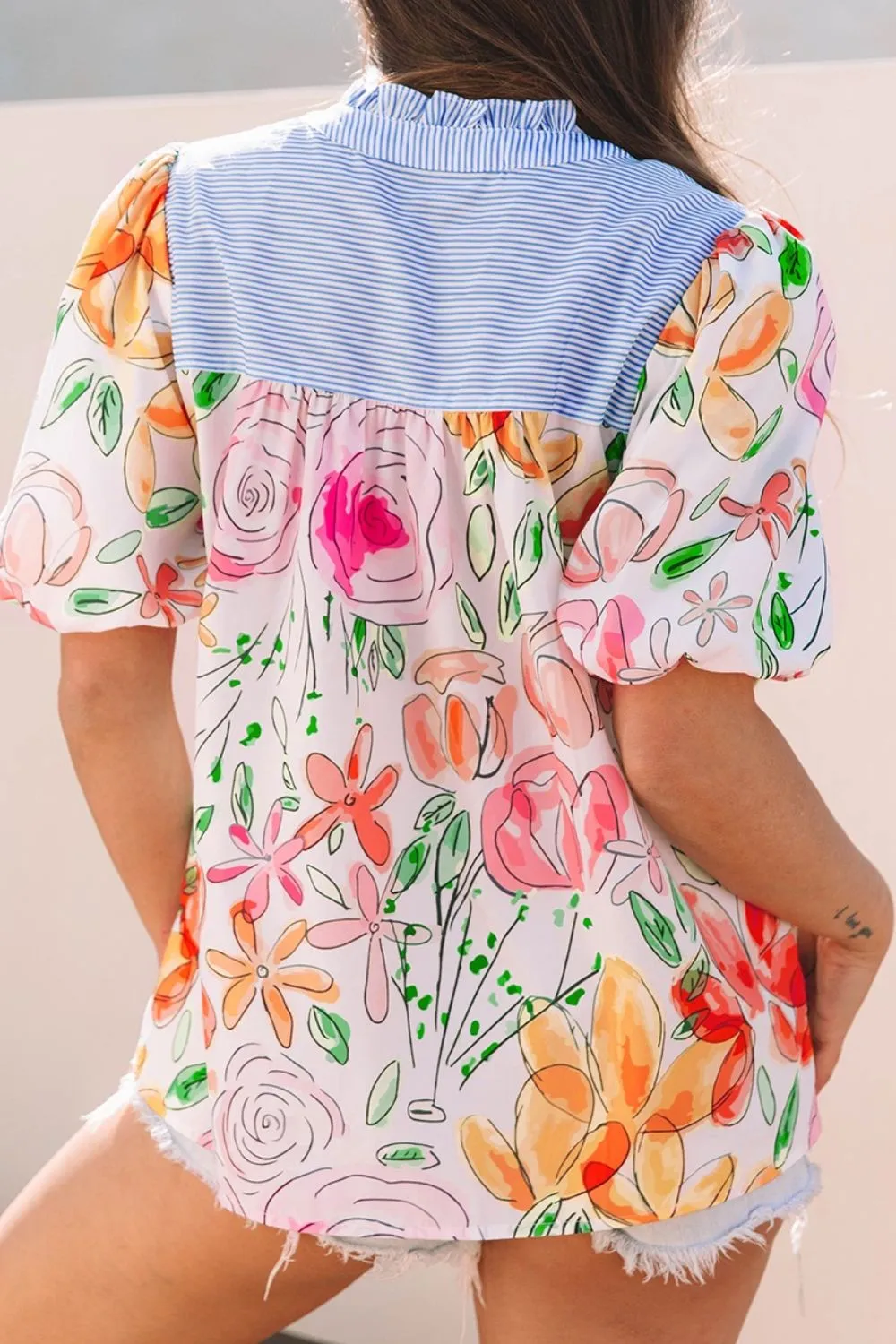 Floral Striped Yoke Frilled Tie Neck Puff Short Sleeve Blouse sold by Charming Charlie product image thumbnail 2