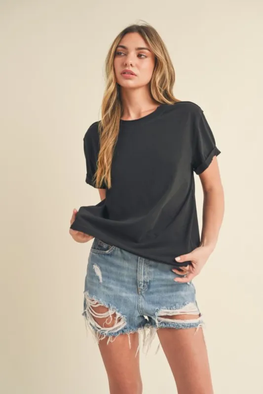 Aemi + Co Exposed Seam Round Neck Short Sleeve T-Shirt sold by Charming Charlie