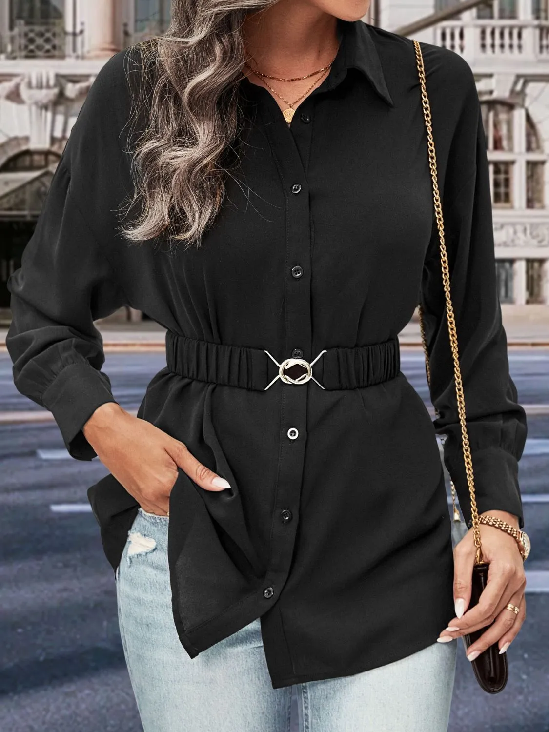 Perfee Collared Neck Button Down Long Sleeve Shirt sold by Charming Charlie