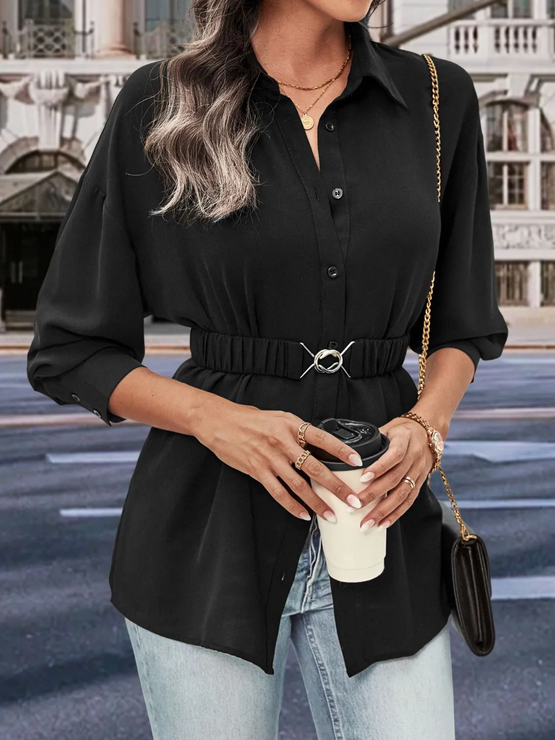 Perfee Collared Neck Button Down Long Sleeve Shirt sold by Charming Charlie product image thumbnail 4