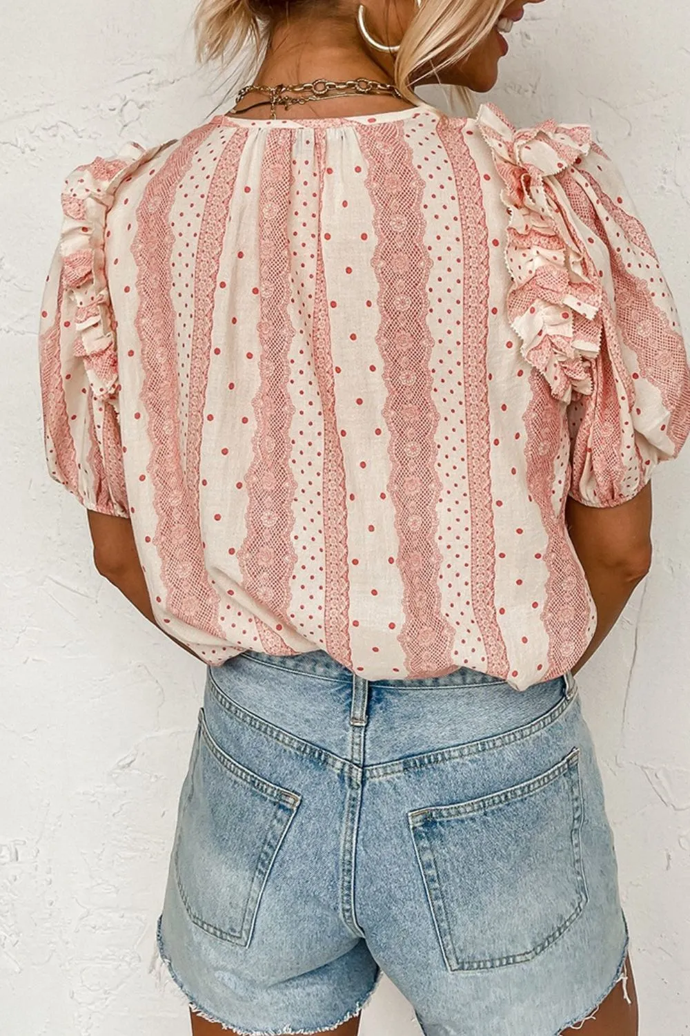 Frilled Short Puff Sleeve Mixed Print Blouse sold by Charming Charlie product image thumbnail 3