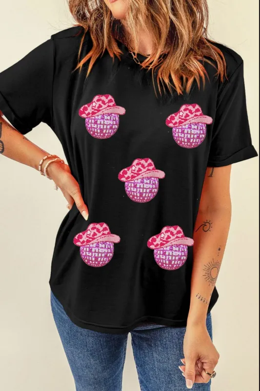 Cowboy Hat Disco Ball Patched Round Neck T-Shirt sold by Charming Charlie