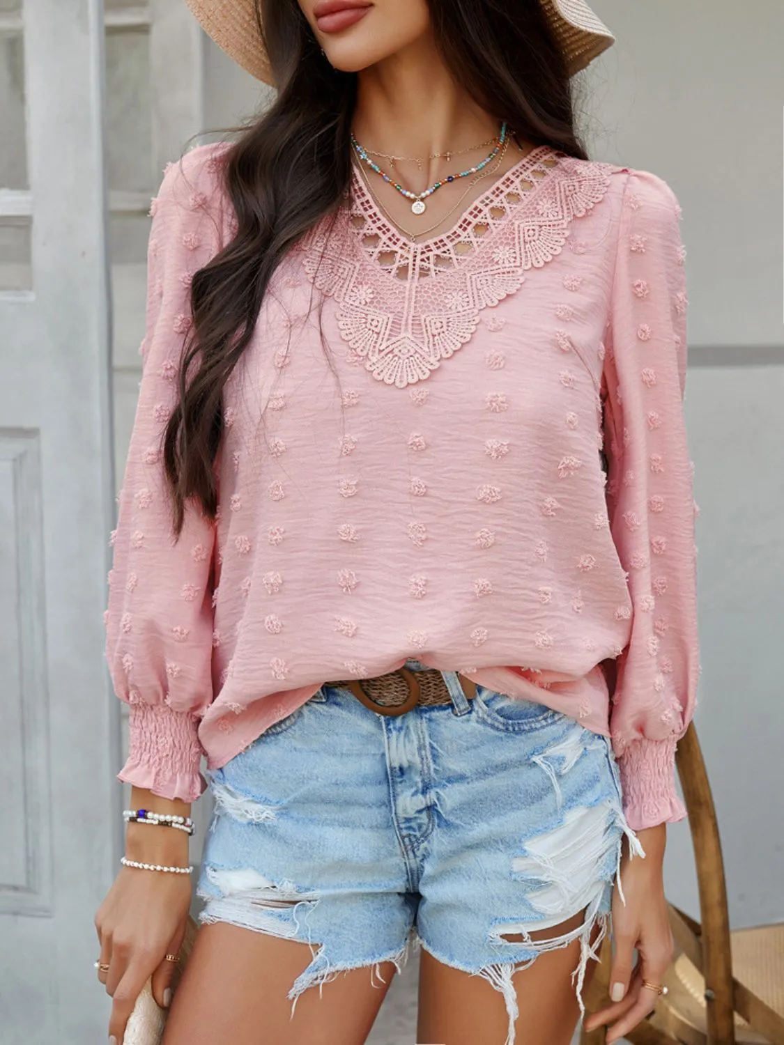 Devine Swiss Dot Lace Detail V-Neck Long Sleeve Blouse sold by Charming Charlie product image thumbnail 4