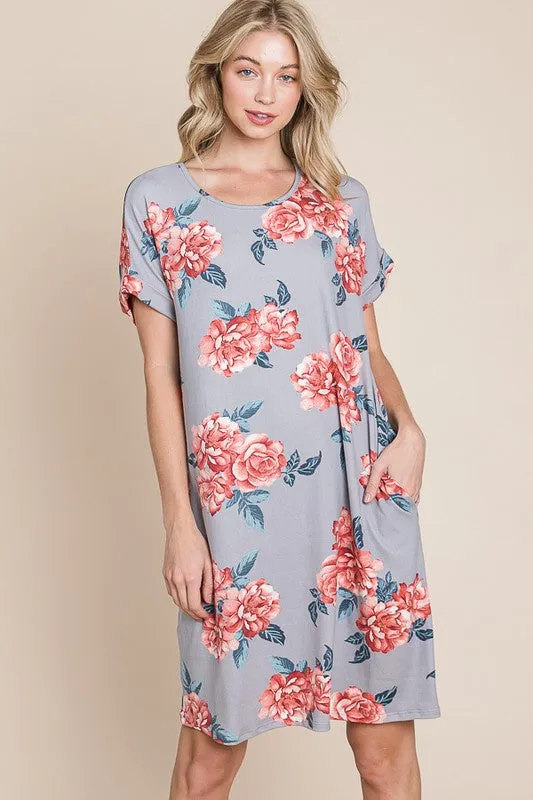 BOMBOM Floral Round Neck Short Tee Dress with Pockets sold by Charming Charlie