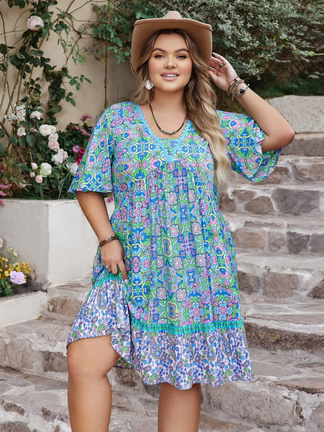 Plus Size Ruffled Hem Lace Detail Printed Half Sleeve Dress sold by Charming Charlie product image thumbnail 3