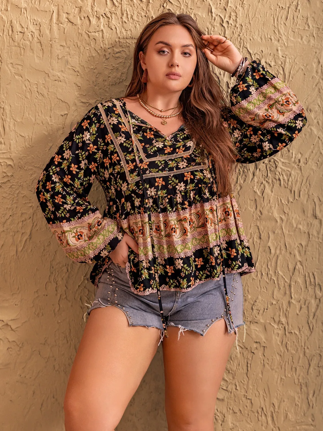 Plus Size Printed Tie Neck Balloon Sleeve Blouse sold by Charming Charlie product image thumbnail 3