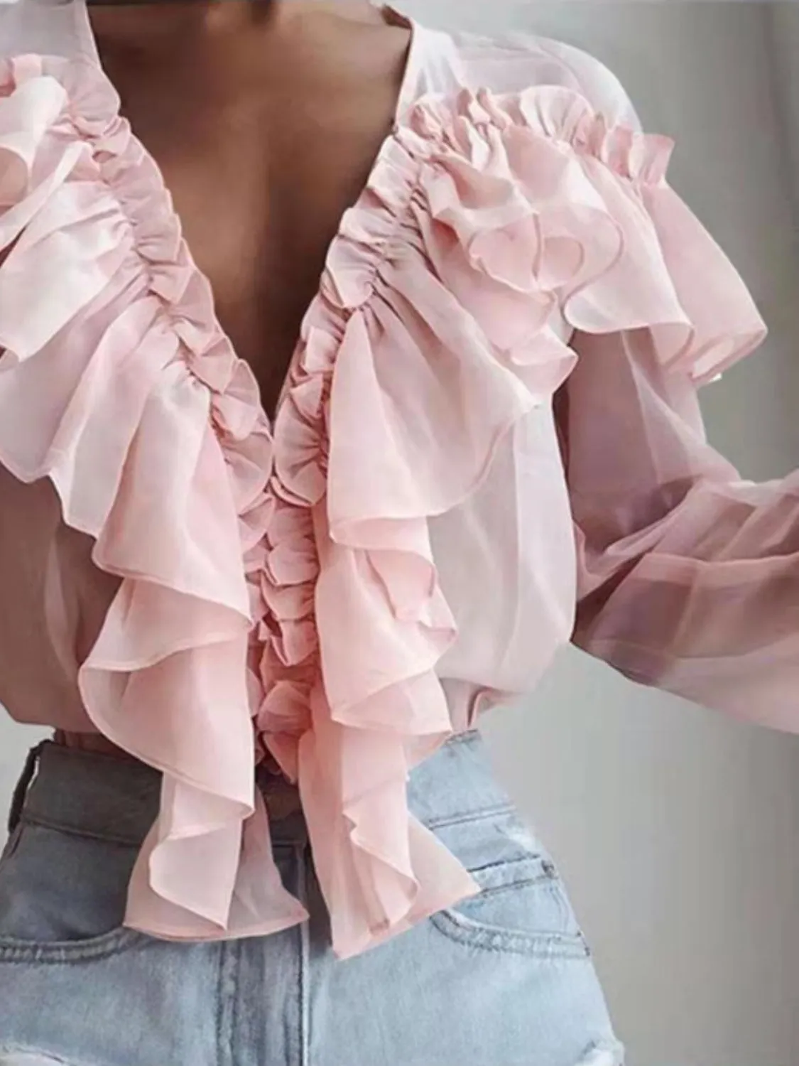 Ruffled V-Neck Long Sleeve Blouse sold by Charming Charlie product image thumbnail 3