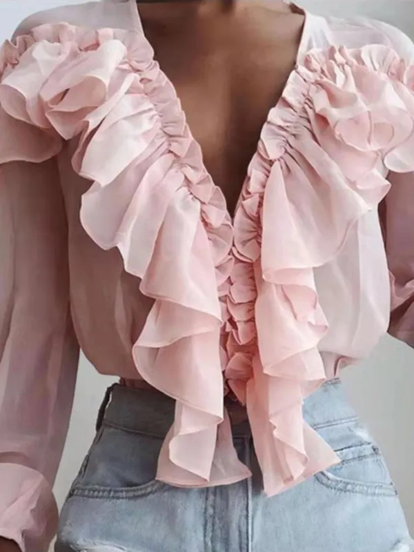 Ruffled V-Neck Long Sleeve Blouse sold by Charming Charlie