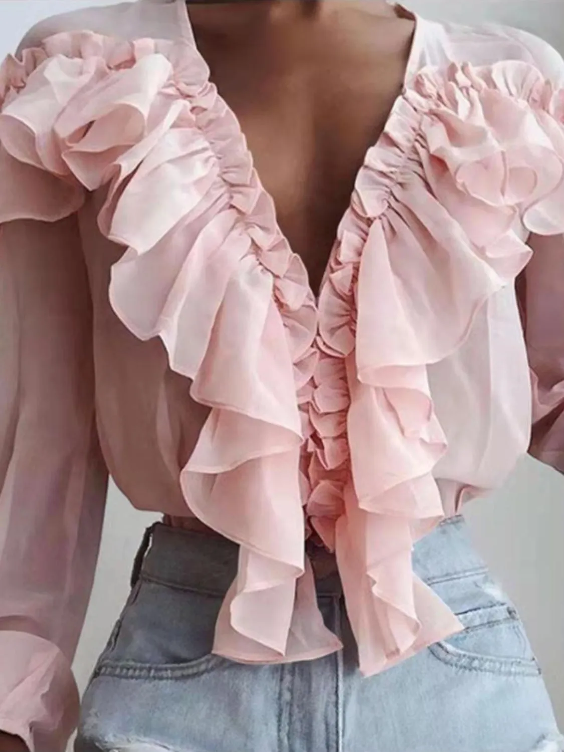Ruffled V-Neck Long Sleeve Blouse sold by Charming Charlie