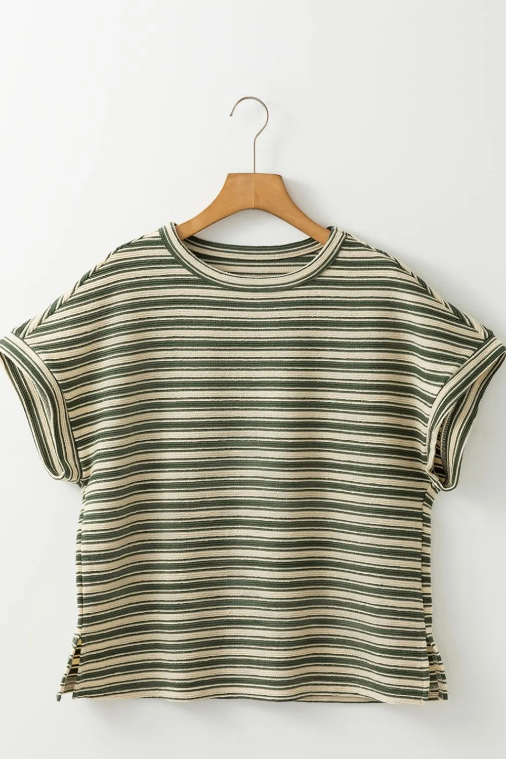 Stripe Textured Side Slit Crew Neck T-Shirt sold by Charming Charlie product image thumbnail 4