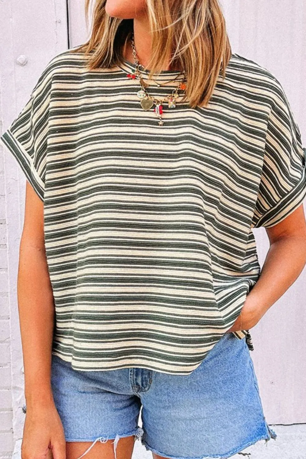 Stripe Textured Side Slit Crew Neck T-Shirt sold by Charming Charlie