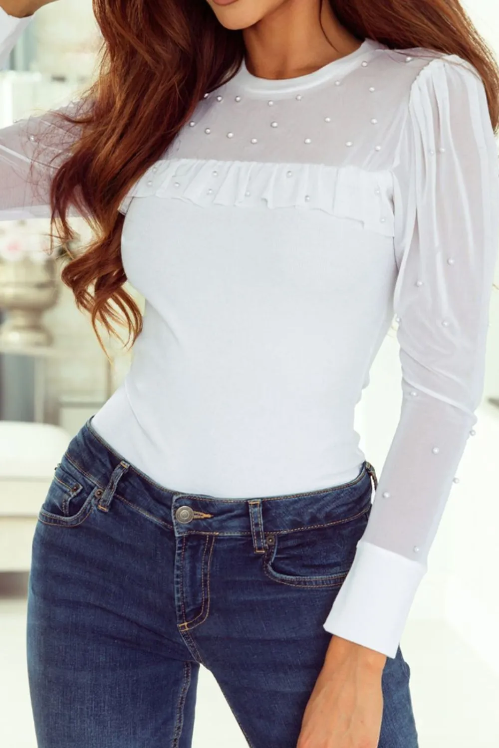 Pearl Decor Mesh Patchwork Ribbed Long Sleeve Top sold by Charming Charlie