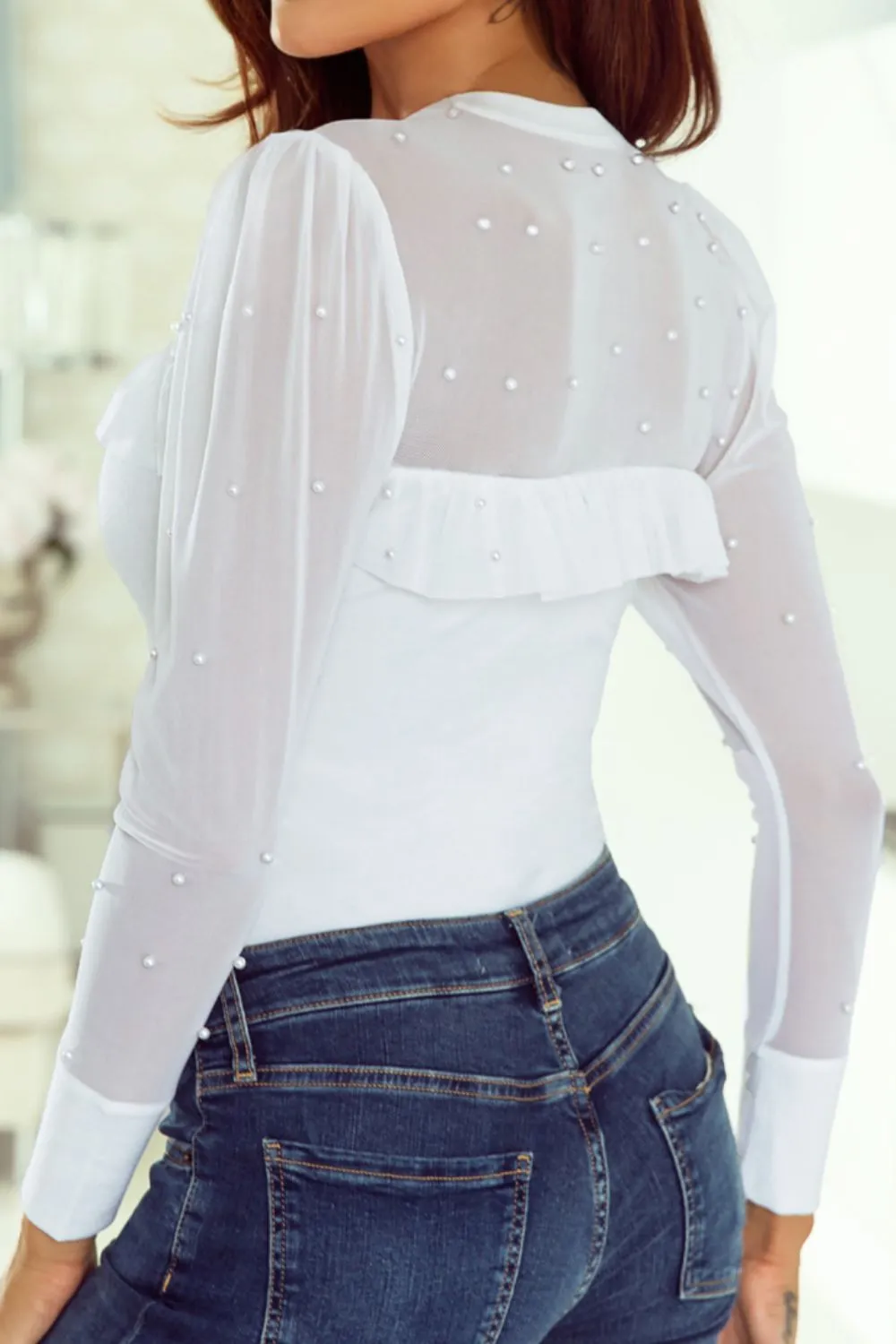 Pearl Decor Mesh Patchwork Ribbed Long Sleeve Top sold by Charming Charlie product image thumbnail 2