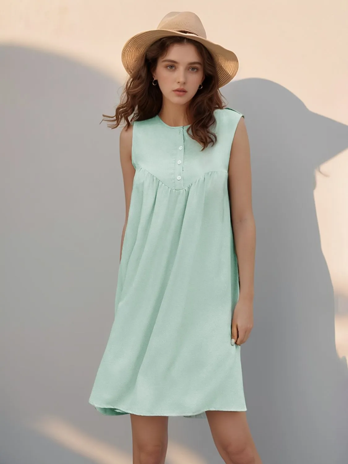 Perfee Button Detail Round Neck Sleeveless Mini Dress sold by Charming Charlie product image thumbnail 4