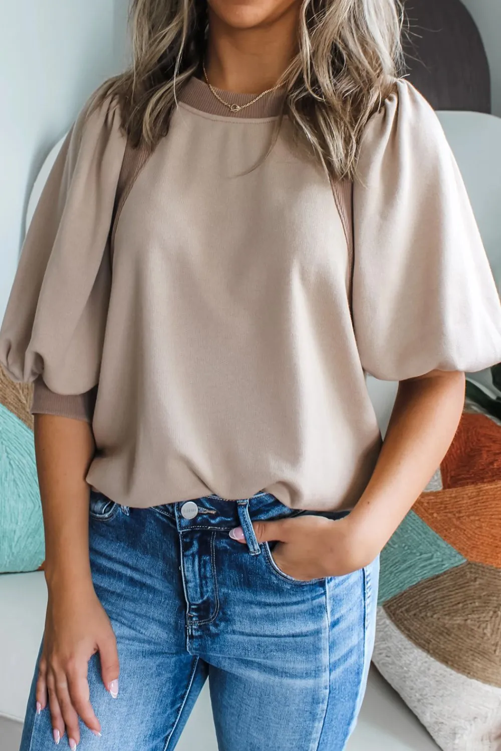 Round Neck Puff Half Sleeve Blouse sold by Charming Charlie product image thumbnail 2