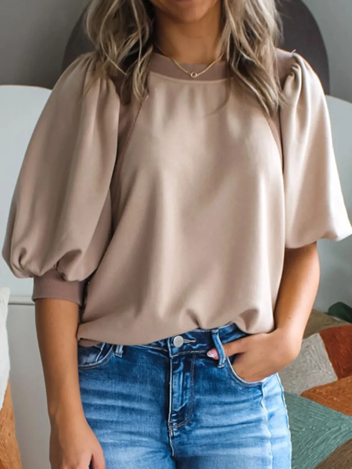 Round Neck Puff Half Sleeve Blouse sold by Charming Charlie