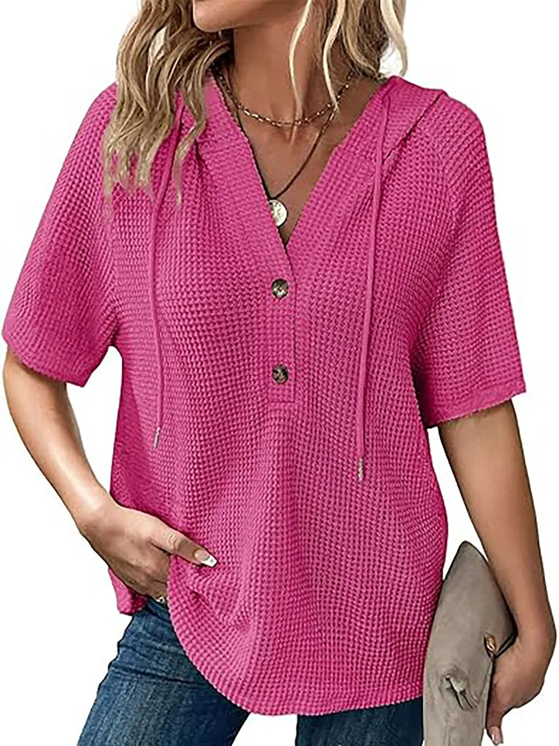 Waffle-Knit Hooded Short Sleeve Blouse sold by Charming Charlie product image thumbnail 5