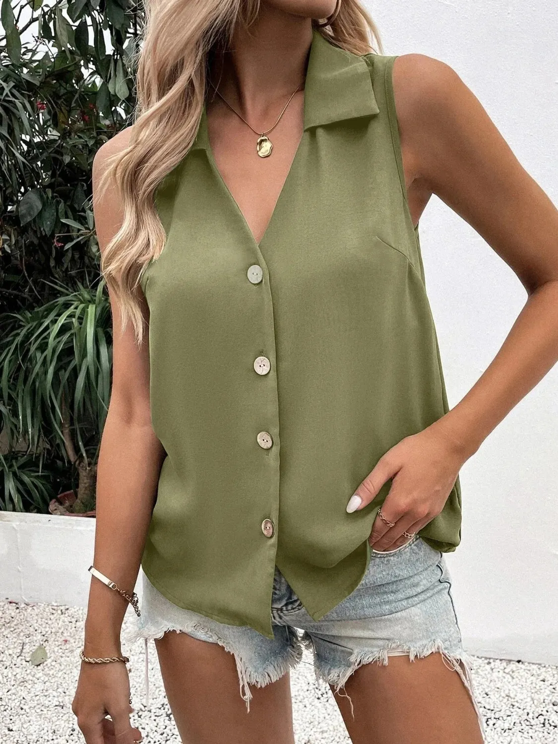 Johnny Collared Button Up Sleeveless Top sold by Charming Charlie