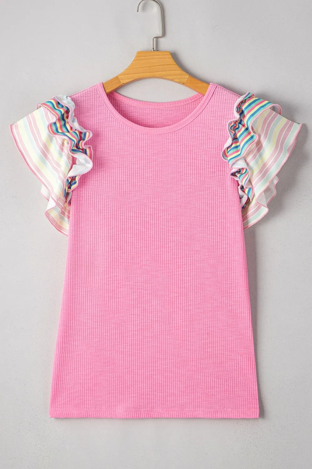 Striped Ruffle Flutter Sleeve Ribbed Blouse sold by Charming Charlie product image thumbnail 5