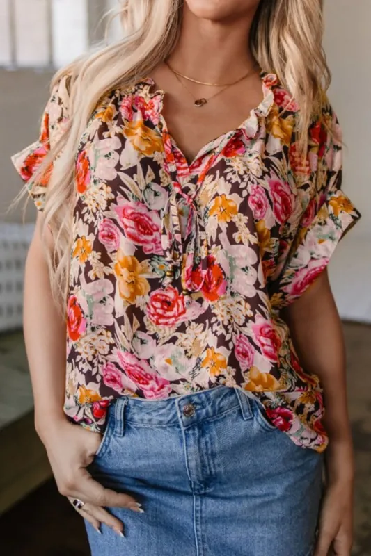 Floral Tie Neck Short Sleeve Blouse sold by Charming Charlie