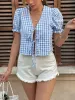 Perfee Tie Front Plaid Puff Sleeve Top sold by Charming Charlie