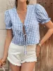 Perfee Tie Front Plaid Puff Sleeve Top sold by Charming Charlie