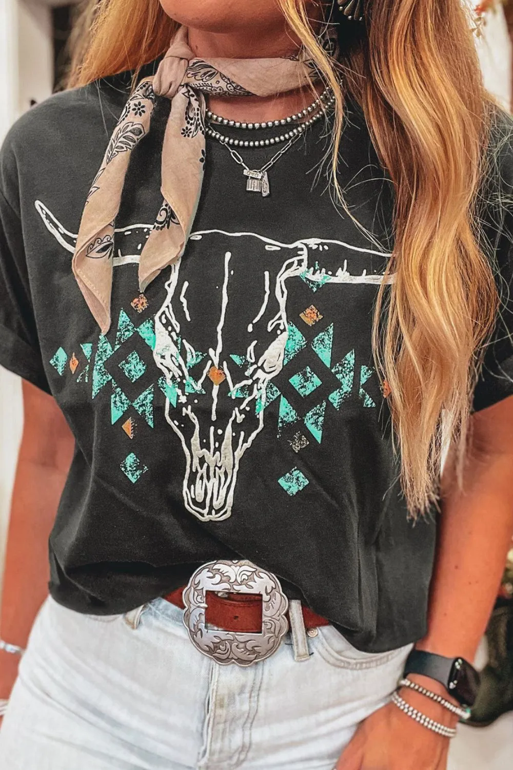 Bull Head Skull Round Neck Short Sleeve T Shirt sold by Charming Charlie