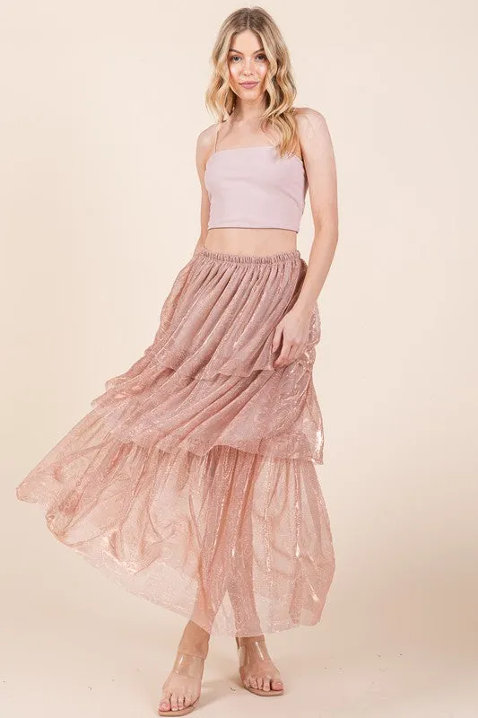 Elastic Waisted Embossed Mesh Tiered Ruffle Skirt sold by Charming Charlie