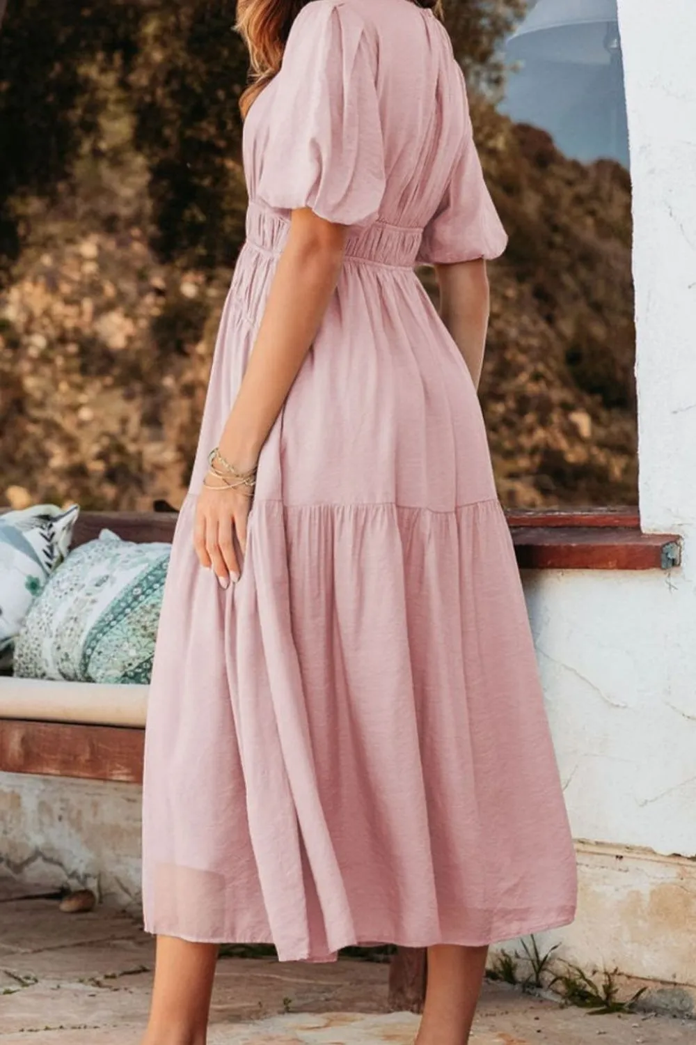 Puff Sleeve Pleated High Waist Flowy Midi Dress sold by Charming Charlie product image thumbnail 4