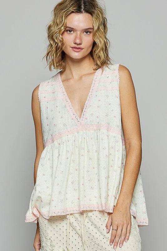 POL Lace Detail Floral V-Neck Sleeveless Top sold by Charming Charlie