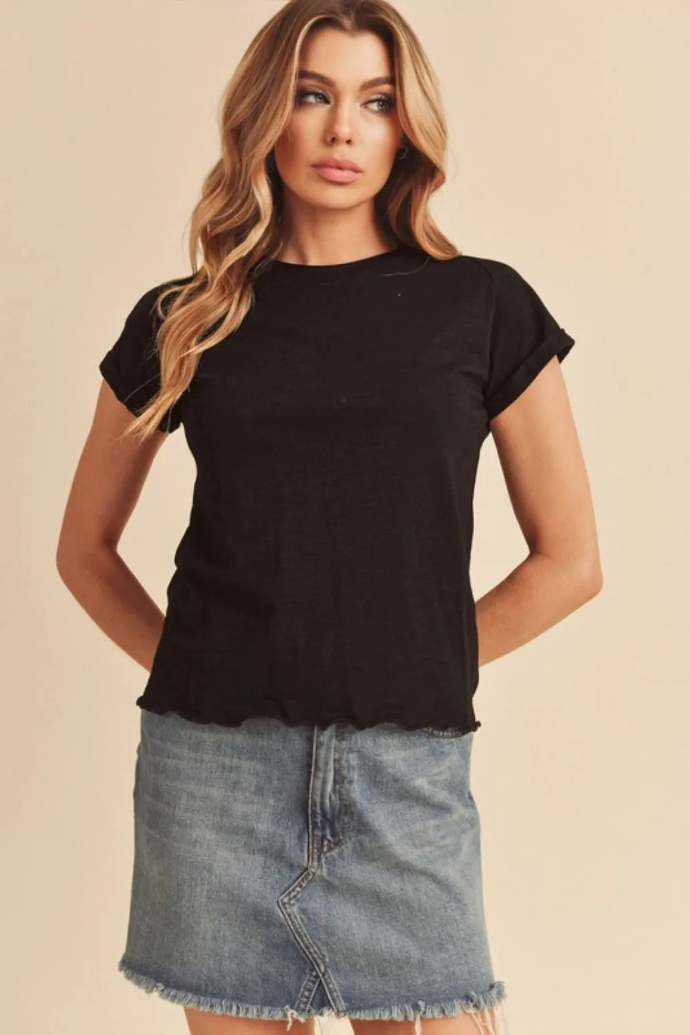 Aemi + Co Lettuce Edge Round Neck Short Sleeve T-Shirt sold by Charming Charlie