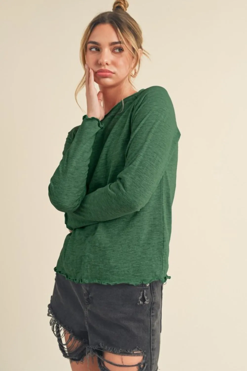 Aemi + Co Lettuce Hemline Round Neck Raglan Sleeve T-Shirt sold by Charming Charlie product image thumbnail 2