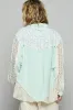 POL Lace Trim Crochet Button Up Denim Jacket sold by Charming Charlie